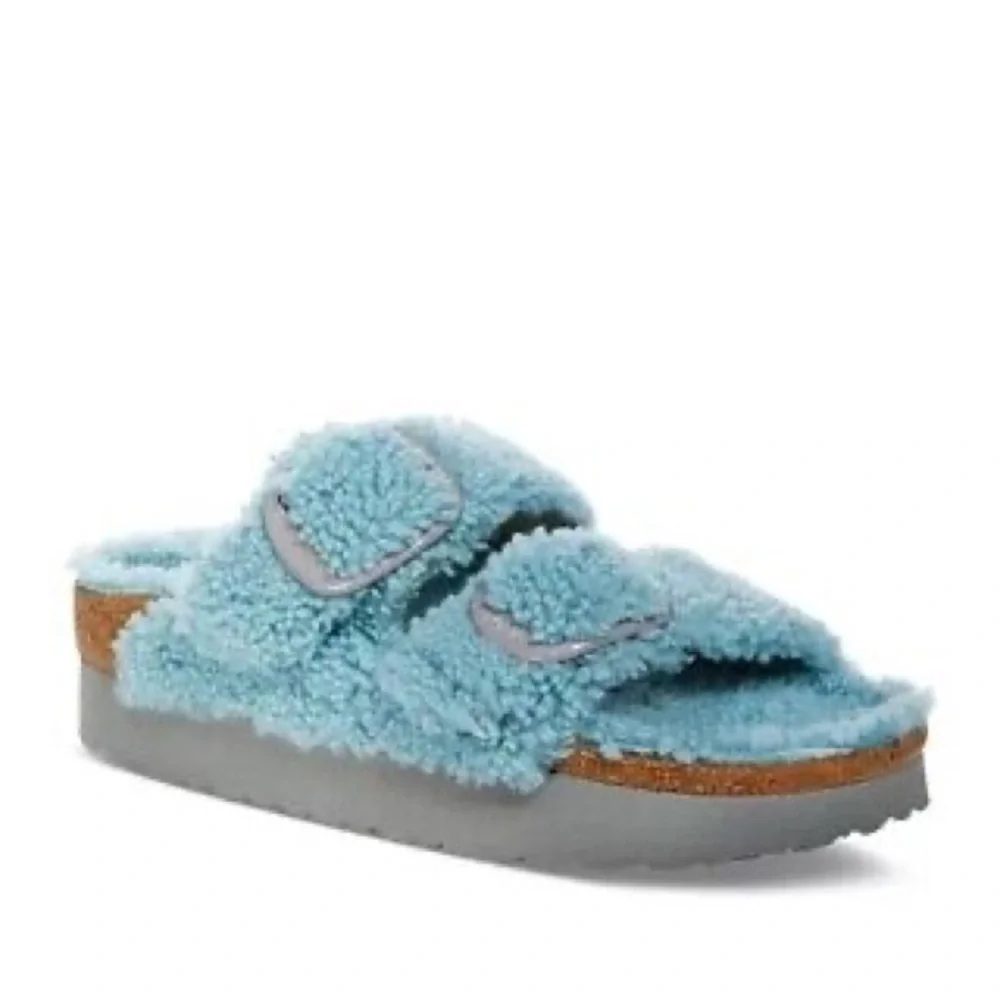 NWT Papillio Birkenstock Arizona Big Buckle Shearling Platform Sandal Blue - Picture 2 of 6